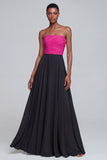 Pink Strapless A Line Ruched Long Chiffon Dress