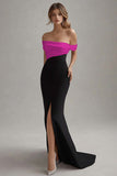 Matte Satin Sheath Off the Shoulder Black Tie Dress