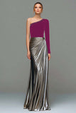 Black and Grey A-Line One Shoulder Metallic Satin Formal Dress