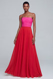 Pink Strapless A Line Ruched Long Chiffon Dress