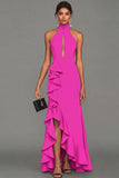 Black Halter Neck Sheath Ruffled Cut Out Long Evening Dress with Slit