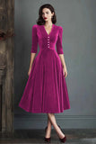 Velvet A Line V-Neck Burgundy Midi Christams Party Dress with Half Sleeves