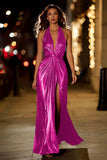 Gold Halter Metallic Ruched Long Formal Dress wth Slit