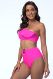 Fuchsia One Shoulder High Waist Two Pieces Swimsuit