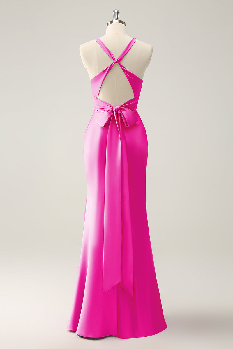 Load image into Gallery viewer, Pink Mermaid V Neck Satin Long Bridesmaid Dress