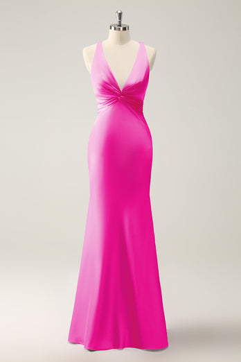 Pink Mermaid V Neck Satin Long Bridesmaid Dress