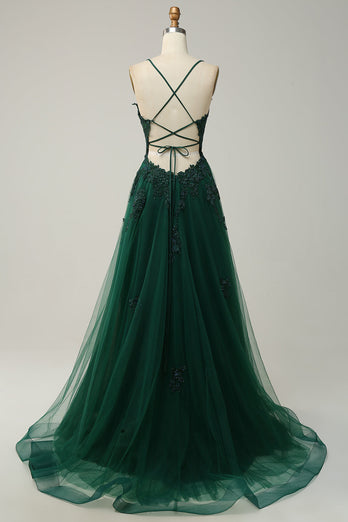 Green A-Line Spaghetti Straps Tulle Long Prom Dress with Criss Cross Back