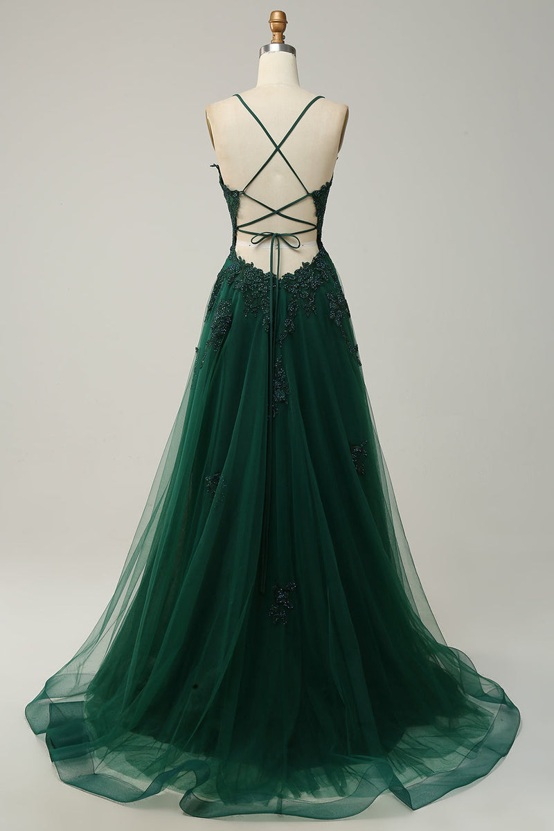 Load image into Gallery viewer, Green A-Line Spaghetti Straps Tulle Long Prom Dress with Criss Cross Back