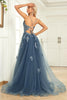 Load image into Gallery viewer, Spaghetti Straps A Line Grey Blue Long Prom Dress with Criss Cross Back