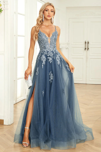 A Line Spaghetti Straps Grey Blue Long Prom Dress with Appliques