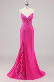 Fuchsia Mermaid Strapless Long Beaded Prom Dress With Appliques