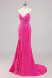 Fuchsia Mermaid Strapless Long Beaded Prom Dress With Appliques