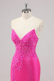 Fuchsia Mermaid Strapless Long Beaded Prom Dress With Appliques