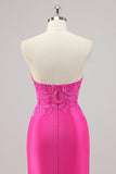 Fuchsia Mermaid Strapless Long Beaded Prom Dress With Appliques