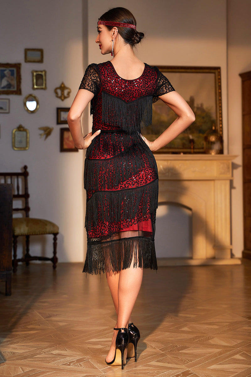 Load image into Gallery viewer, Burgundy Beaded Gatsby Fringed Flapper Dress