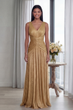 Dusty Rose A Line V Neck Pleated Long Evening Dress