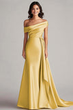 One Shoulder Pleated Champagne Sheath Long Formal Dress