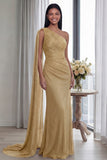Navy One Shoulder Sheath Ruched Long Evening Dress with Side Cape