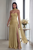 Strapless Dusty Sage Pleated A Line Streamer Long Evening Dress with Slit