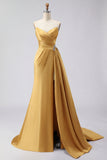 Royal Blue Strapless Mermaid Beaded Long Satin Prom Dress with Slit