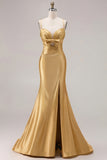 Fuchsia Mermaid Cut Out Pleated Satin Bowed Long Prom Dress with Slit