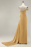 Green One Shoulder Ruched Sheath Long Prom Dress with Slit