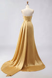 Royal Blue Strapless Mermaid Beaded Long Satin Prom Dress with Slit