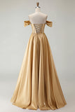 Off The Shoulder Beaded A Line Purple Corset Long Prom Dress with Slit