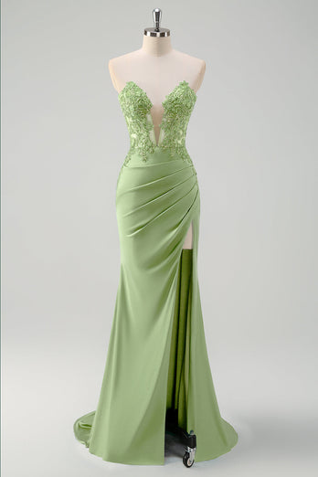 Mermaid Green Strapless Cut Out Corset Long Prom Dress with Slit