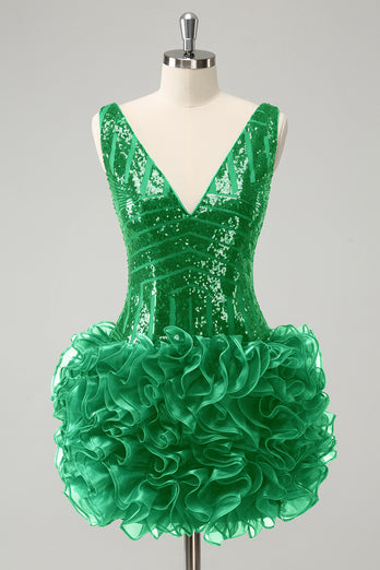 Glitter Dark Green V Neck Sequins Graduation Dress with Detachable Ruffles