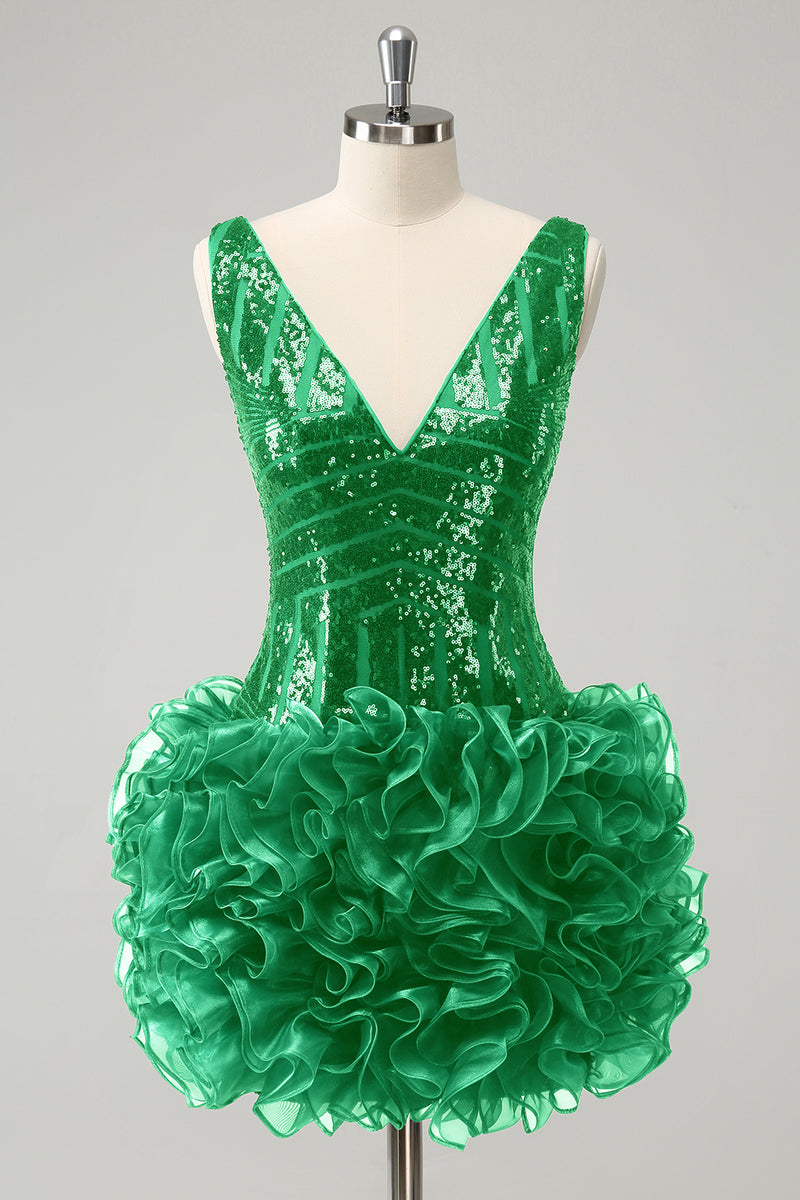 Load image into Gallery viewer, Glitter Dark Green V Neck Sequins Graduation Dress with Detachable Ruffles