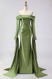 Dark Green Mermaid Off The Shoulder Satin Long Prom Dress with Long Sleeve