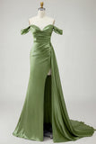 Golden Mermaid Off the Shoulder Beaded Pleated Satin Long Prom Dress with Slit