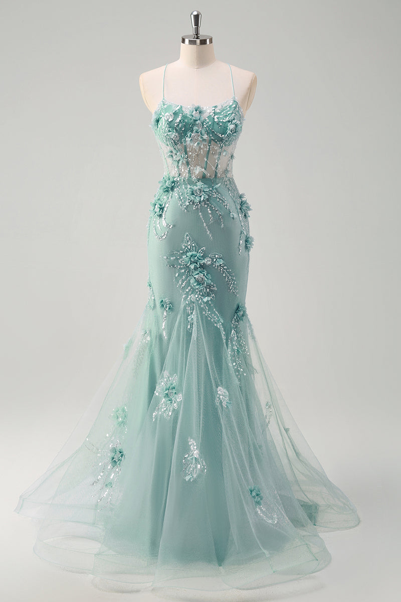 Load image into Gallery viewer, Blue Mermaid Spaghetti Straps Tulle Long Corset Prom Dress with 3D Flowers