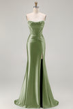 Dark Green Strapless Mermaid Corset Beaded Long Prom Dress with Slit
