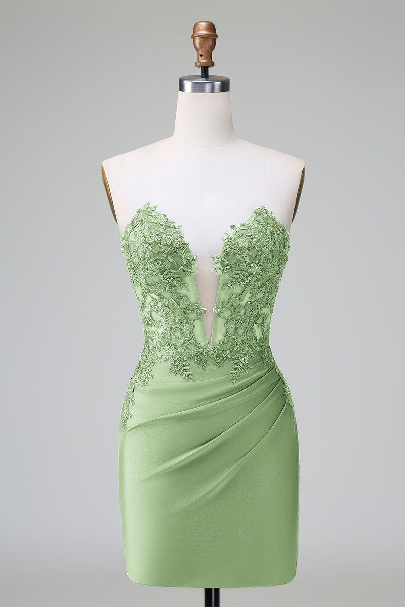 Load image into Gallery viewer, Dark Green Strapless Floral Appliques Satin Short Graduation Dress