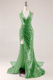 Sparkly Fuchsia Halter Mermaid Sequin Backless Long Prom Dress with Slit