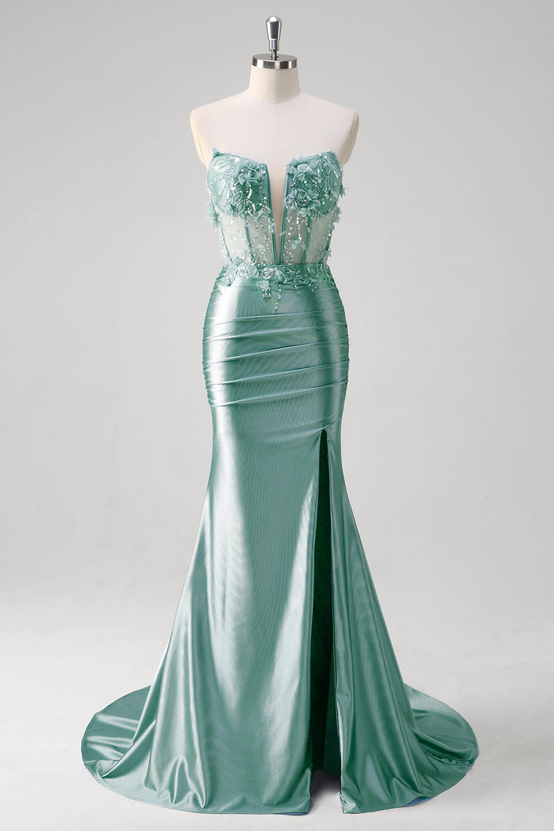 Load image into Gallery viewer, Blue Mermaid Floral Strapless Corset Long Prom Dress With Slit