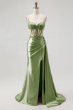 Champagne Mermaid Sheer Corset Beaded Side Streamer Long Prom Dress with Slit