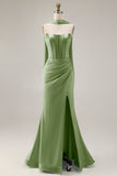 Strapless Corset Mermaid Light Green Satin Side Slit Maxi Dress with a Neck Scarf