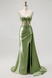 Champagne Mermaid Corset Beaded Satin Long Prom Dress with Slit