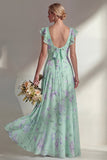 A Line Blue Chiffon Printed Floral Long Bridesmaid Dress with Ruffles