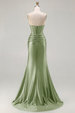 Dark Green Strapless Mermaid Corset Beaded Long Prom Dress with Slit