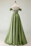 Off The Shoulder Beaded A Line Purple Corset Long Prom Dress with Slit