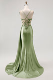 Champagne Mermaid Sheer Corset Beaded Side Streamer Long Prom Dress with Slit