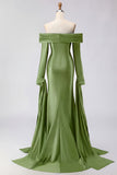 Dark Green Mermaid Off The Shoulder Satin Long Prom Dress with Long Sleeve