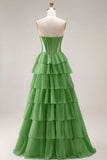 Blue Strapless Corset A-Line Tiered Ruffled Long Prom Dress with Slit