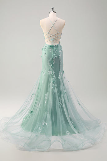 Blue Mermaid Spaghetti Straps Tulle Long Corset Prom Dress with 3D Flowers