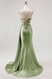 Champagne Mermaid Corset Beaded Satin Long Prom Dress with Slit