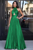 Gold Halter Neck A-Line Metallic Cut-Out Pleated Long Prom Dress